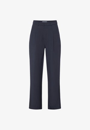 Marineblå bukser med vidde i benene i et glat stof med forreste læg, der har en tætsiddende linning og ingen synlige hardware-detaljer.