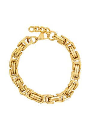 Gold-tone chain bracelet featuring interlocking rectangular links with a textured finish and adjustable clasp for closure.