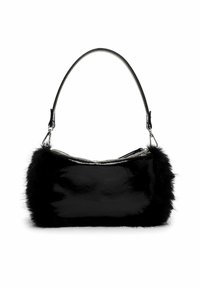 Black handbag with a glossy patent leather body, adorned with soft black faux fur on the sides. Features a curved handle and metal accents.