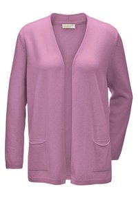 Helles rosa Cardigan aus weichem Material, offenes Vorderdesign mit zwei vorderen Taschen, langen Ärmeln sowie gerippten Bündchen und Saum.