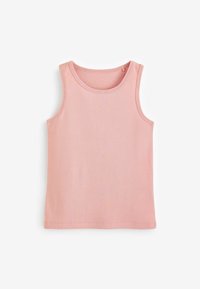 Lichtroze tanktop van ribbelkatoen. Heeft een ronde halslijn en brede schouderbanden, met een rechte zoom.