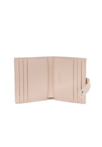 Beige leather wallet with multiple card slots, smooth texture, and a snap closure. Interior features embossed branding on the right side.