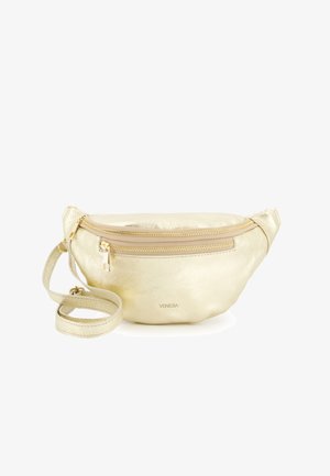Gouden metallic leren schoudertas met een verstelbare schouderband en twee ritsen. Heeft een gladde textuur en is gevormd in een gebogen silhouet.