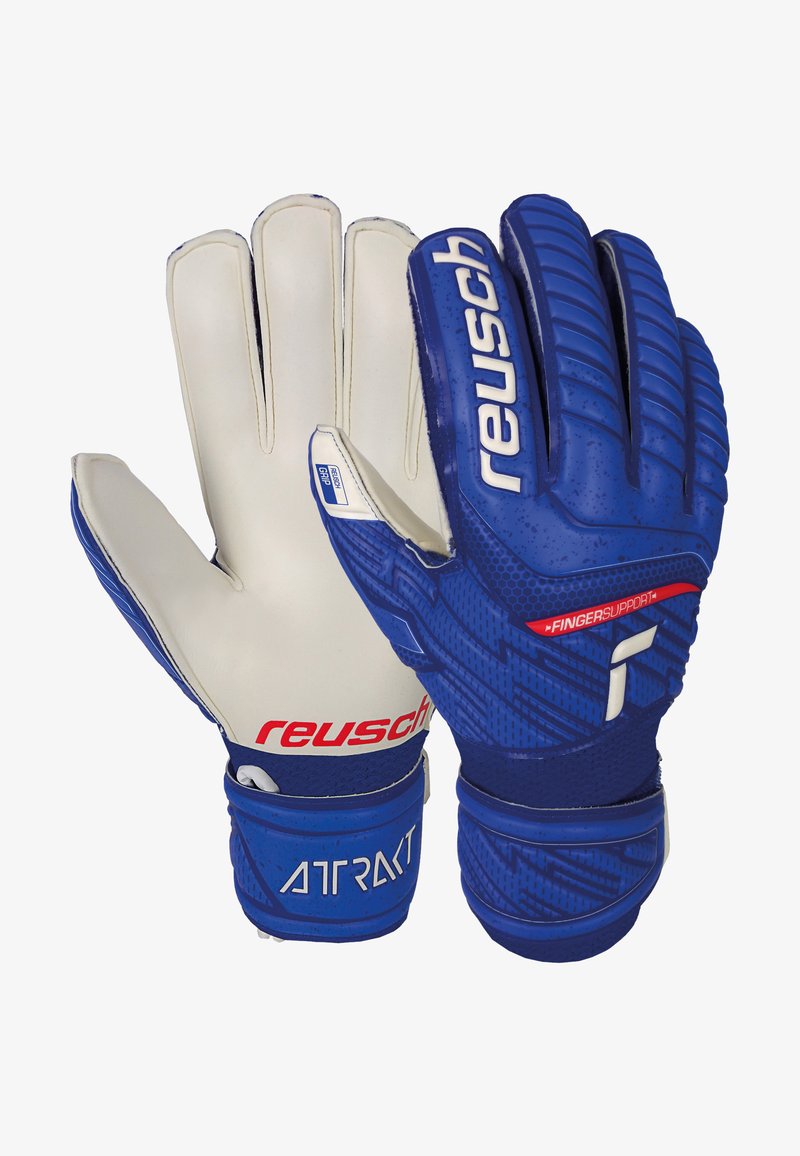 Guanti da portiere blu con palmi in lattice bianco, dita testurizzate e dettagli rossi. Presentano un supporto rinforzato per le dita e una chiusura in velcro per il polso.