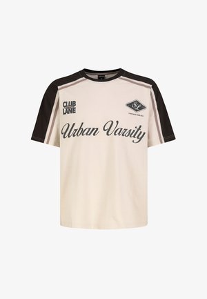 Short-sleeve beige and black T-shirt with "Urban Varsity," "Club Lane," and "SL Vintage Collection" printed on the front.