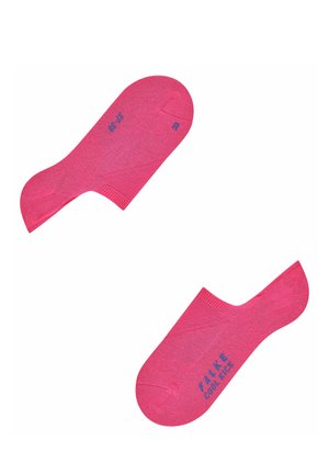 Chaussettes basses roses avec une texture respirante. Présente du texte imprimé bleu "FALKE COOL LIGHT" et la taille sur une chaussette.