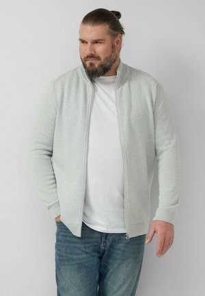 Bärtiger Mann mit zurückgebundenem Haar, der einen hellgrauen Reißverschluss-Pullover über einem weißen Hemd und blauen Jeans trägt, vor einem schlichten Hintergrund stehend.