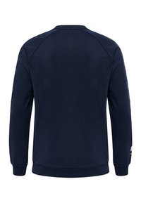 Felpa blu navy con maniche lunghe, polsini a costine e scollo rotondo; presenta un sottile logo sul maniche. Tessuto in cotone liscio.
