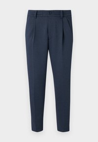 Pantalones de vestir azul marino hechos de tejido texturizado, con cremallera, cierre de un botón y dos bolsillos delanteros con pliegues.