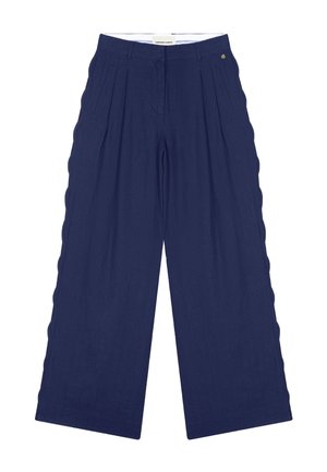 Marineblauwe brede broek met plooien, zijzakken, riemlussen en een klein goudkleurig embleem op de tailleband.