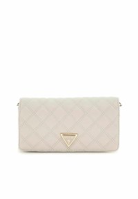 Portefeuille matelassé gris clair avec logo triangulaire en ton doré, fermeture pression et motif en relief en forme de diamant. Design compact et texture lisse.