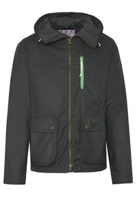Black jacket with a hood, featuring a front zip closure, green zip pocket, two front flap pockets with snap buttons, and a smooth texture.
