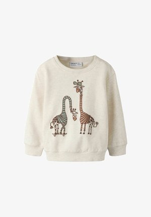 Dječji duks boje kreme s dvije crtane žirafe, jedna na skateboardu, obje nose prugaste džempere.