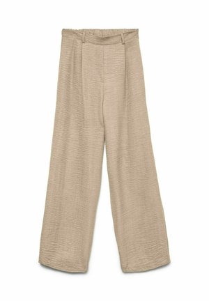 Pantalons beige à jambes larges en tissu texturé, avec une taille haute et une ceinture douce et élastique. Pas de poches ou de fermetures visibles.