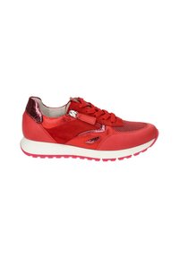 Red sneaker featuring a mix of suede and shiny fabric, mesh front, round toe, padded collar, and a white sole with pink accents.