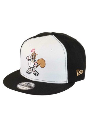 Black and white cap featuring an embroidered cartoon squirrel in a space suit with a pink flower. Black visor and stitched logo on side.