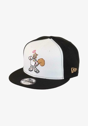 Black and white cap featuring an embroidered cartoon squirrel in a space suit with a pink flower. Black visor and stitched logo on side.