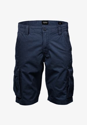 Navy blue cargo shorts made of lightweight fabric, featuring two side pockets, two buttoned back pockets, and a stitched waistband.