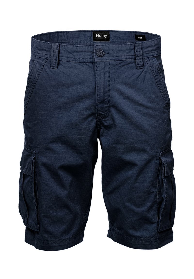 Navyblaue Cargo-Shorts aus leichtem Stoff, mit zwei Seitentaschen, zwei geknöpften Gesäßtaschen und einem gesteppten Bund.