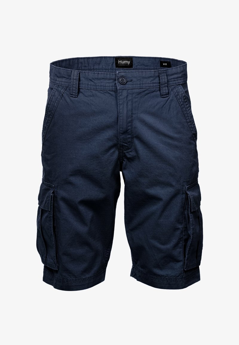 Navyblaue Cargo-Shorts aus leichtem Stoff, mit zwei Seitentaschen, zwei geknöpften Gesäßtaschen und einem gesteppten Bund.