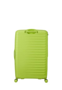 Valigia rigida di colore verde brillante, con un design a righe, maniglie robuste e quattro ruote girevoli per un trasporto facile.