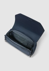 Marineblauwe portemonnee met gestructureerde buitenkant, ritsvakjes en meerdere kaarthouders. Open met licht gestructureerd ontwerp en stoffen voering.