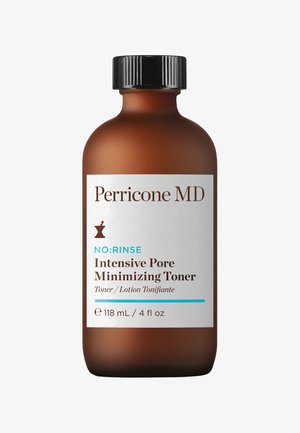 Bouteille en verre ambre avec un capuchon noir. L'étiquette blanche présente un texte bleu et marron, indiquant "Perricone MD, NO:RINSE, Tonique intensif réducteur de pores."
