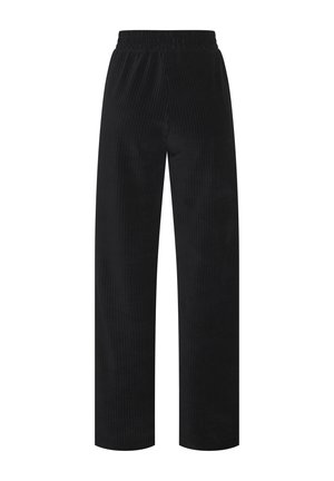 Schwarze Cordhosen mit weitem Bein und elastischem Bund, von vorne auf weißem Hintergrund gezeigt.