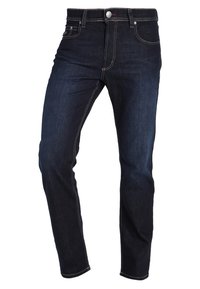 Mörkblå denimjeans med slim fit, med kontrasterande orange sömmar och fem fickor, inklusive en liten myntficka.