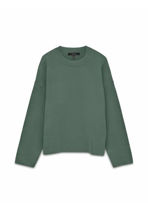 Pull vert texturé avec des manches longues, un col rond et une coupe ample. Le tissu semble doux et léger avec un motif subtil.