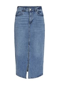 Denim midi skirt in light blue with a front slit, five pockets, belt loops, and a button closure at the waist. Classic fit and texture.