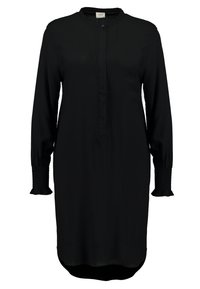 Abito lungo nero con maniche a oundo, chiusura frontale con bottoni, maniche arricciate e orlo curvo. Tessuto liscio con design semplice.
