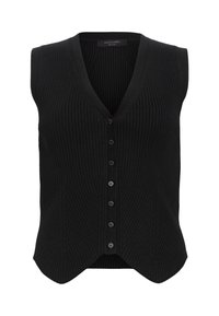 Chaleco de punto negro con cuello en V, cierre frontal de seis botones y dobladillo curvado. Presenta un material texturizado y un diseño sin mangas.