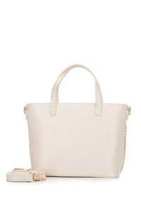 Beige synthetische Handtasche mit zwei kurzen Griffen, Hardware in Goldoptik und einem abnehmbaren Tragegurt. Glatte Textur mit floralem Akzent an der Seite.