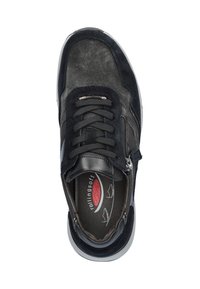 Schwarze Sneaker aus Wildleder und Mesh, mit Schnürverschluss, seitlichem Reißverschluss, Gummisohle und gepolsterter Innensohle für zusätzlichen Komfort.