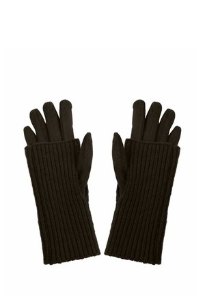 Pair of black gloves with ribbed knit cuffs extending to the forearm, photographed flat with fingers spread.