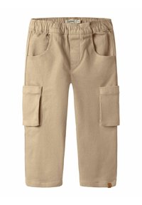 Beige cargo pants made of textured fabric, featuring an elastic waistband, two front pockets, and two side cargo pockets.