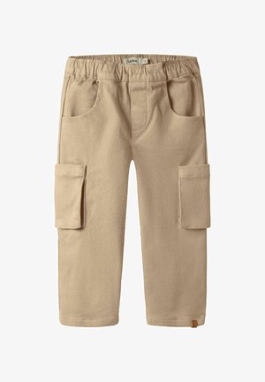 Pantaloni cargo beige in tessuto strutturato, dotati di vita elastica, due tasche frontali e due tasche cargo laterali.