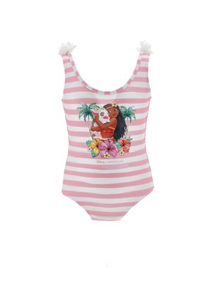 Maillot de bain sans manches rayé rose et blanc avec Moana tenant un cochon dans ses bras, entourée de fleurs tropicales et de palmiers.