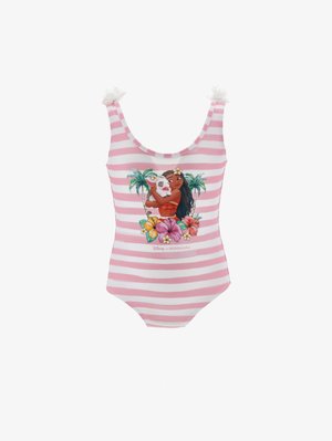 Maillot de bain sans manches rayé rose et blanc avec Moana tenant un cochon dans ses bras, entourée de fleurs tropicales et de palmiers.