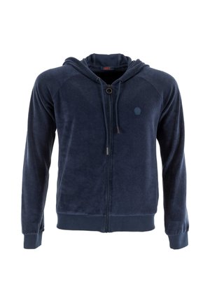 Navyblauwe ritshoodie gemaakt van zachte fleece. Voorzien van een trekkoordkap, ribgebreide manchetten en een reliëflogo op de borst.