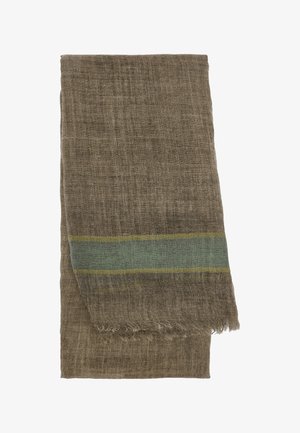 Lniana chusta w stonowanym brązie z zielonym i żółtym paskiem. Postrzępione brzeg i teksturowany materiał.