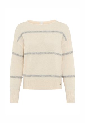 Crewneck sweater in crèmekleur met grijze horizontale strepen. Gemaakt van zachte, gestructureerde stof. Voorzien van ribgebreide manchetten en zoom voor een aansluitende afwerking.
