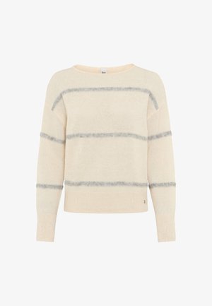 Crewneck sweater in crèmekleur met grijze horizontale strepen. Gemaakt van zachte, gestructureerde stof. Voorzien van ribgebreide manchetten en zoom voor een aansluitende afwerking.
