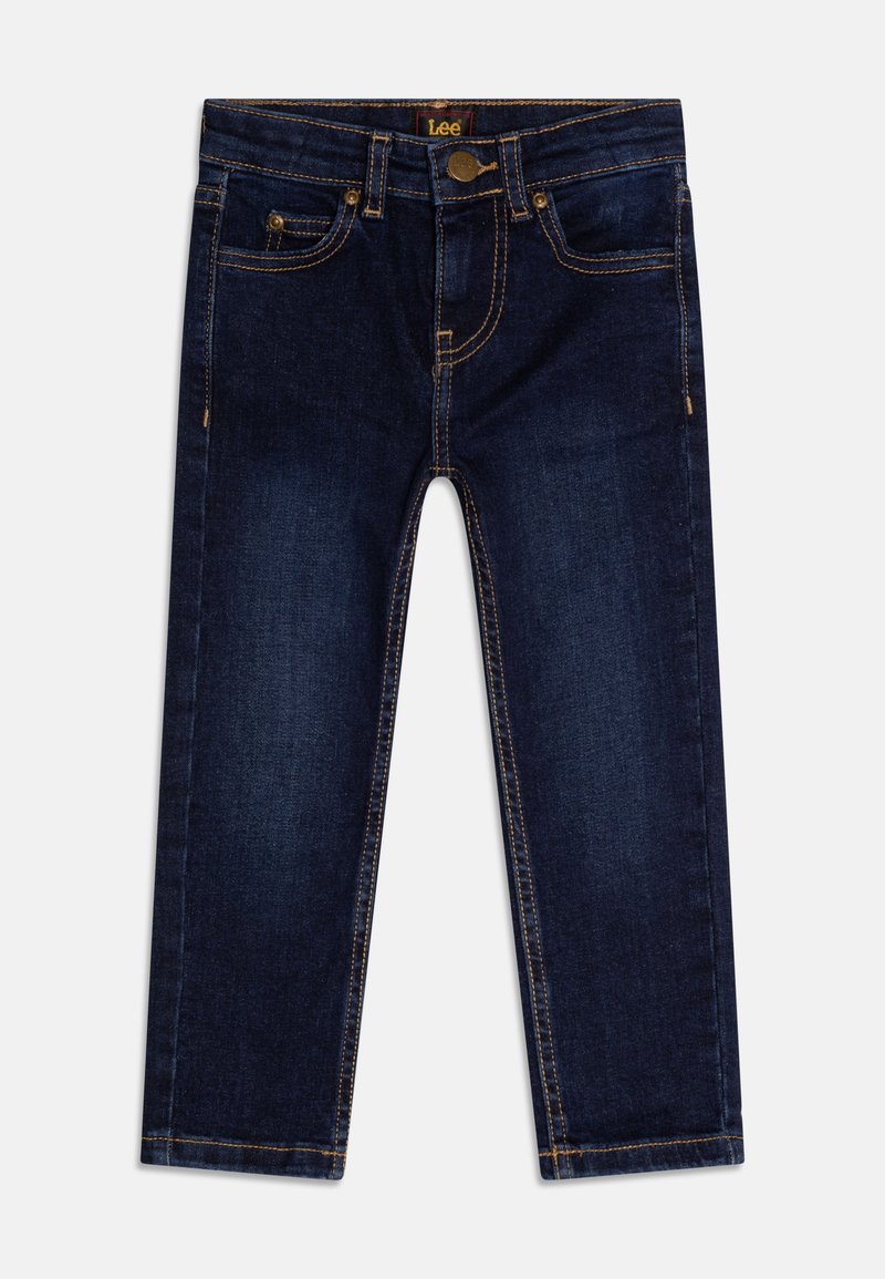 Jean en denim bleu foncé avec cinq poches, coutures dorées et fermeture à bouton. Coupe droite avec un design classique.