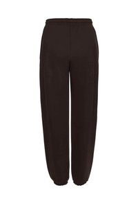 Czarne spodnie sportowe wykonane z miękkiego materiału, z elastycznym pasem, zwężanymi nogawkami i ściągaczami na końcach. Brak widocznych kieszeni.