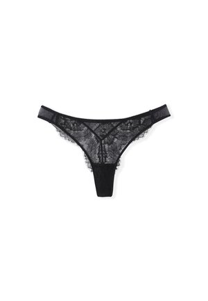 String noir en dentelle avec motif floral, tissu transparent et taille élastique douce. Présente des bordures délicates et un design à couverture minimale.
