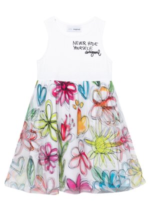 Robe blanche sans manches pour enfant avec des fleurs colorées de style dessinées à la main sur la jupe et le texte noir "Never Hide Yourself" sur la poitrine.