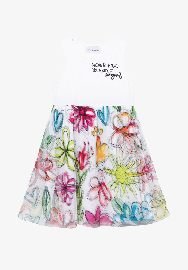 Robe blanche sans manches pour enfant avec des fleurs colorées de style dessinées à la main sur la jupe et le texte noir "Never Hide Yourself" sur la poitrine.
