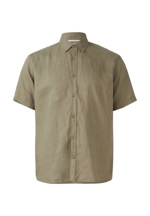 Camicia a maniche corte in lino verde oliva, con colletto, bottoni frontali e una vestibilità leggermente rilassata. Tessuto morbido con design minimale.